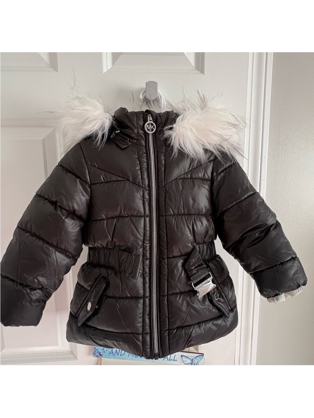 Michael Kors Black Puffer Coat with White Faux Fur Trim